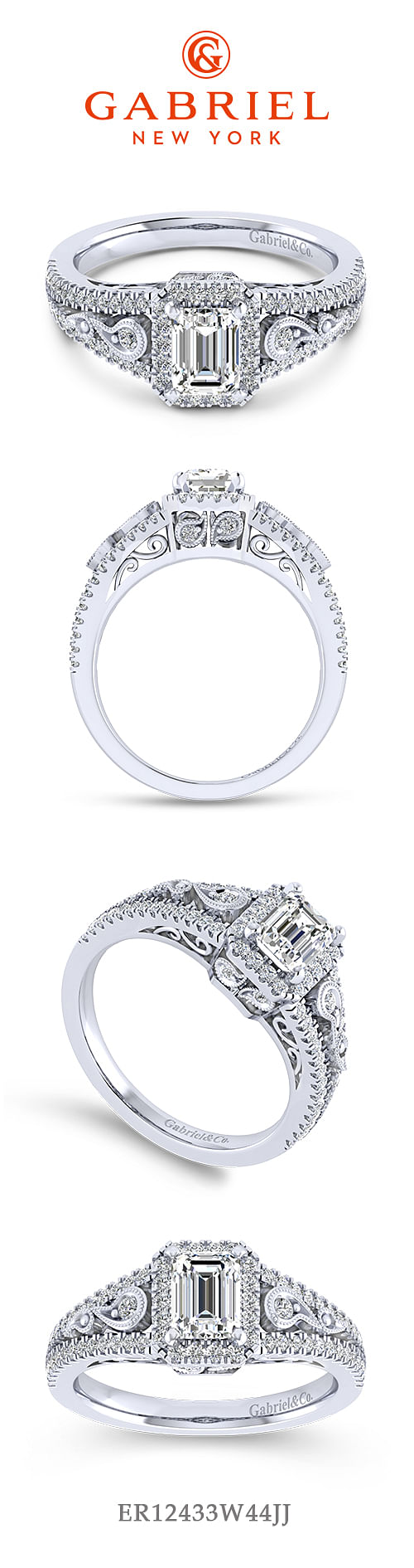 Vintage Inspired 14K White Gold Halo Emerald Cut Diamond Engagement Ring angle 